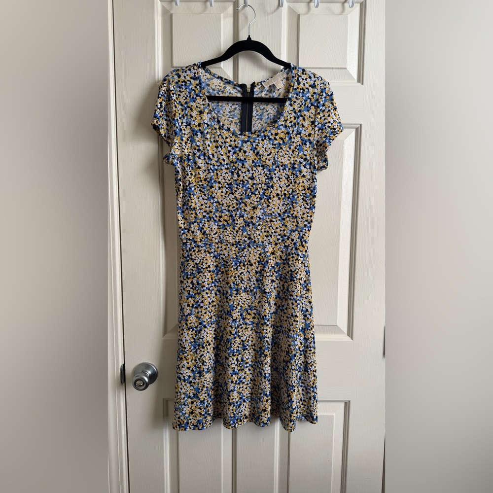 Michael Kors Blue and Yellow Floral Cap-Sleeve A-Line Mini Dress